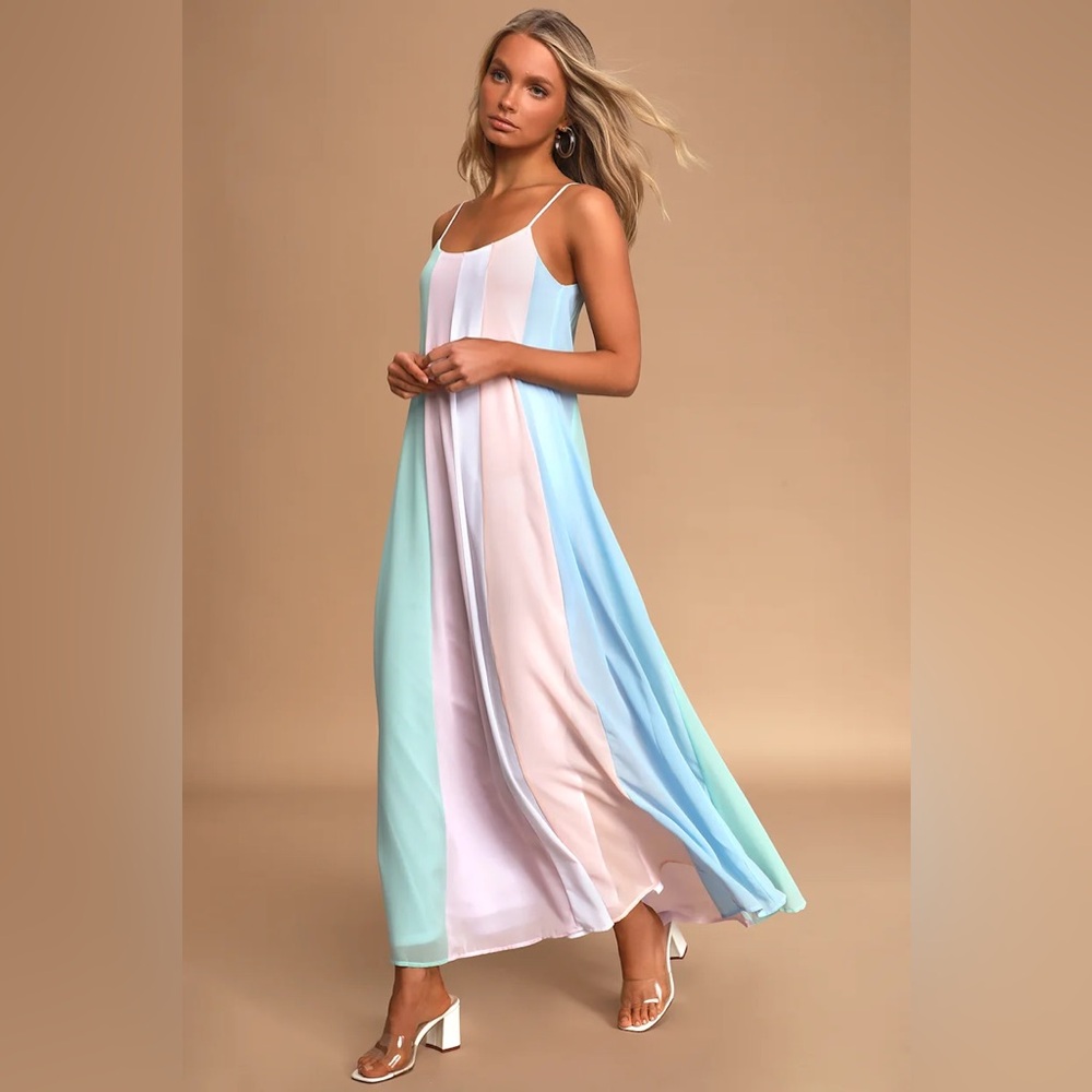 Lulu’s Days to Remember Light Blue Multi Striped Maxi Dress Women’s Medium